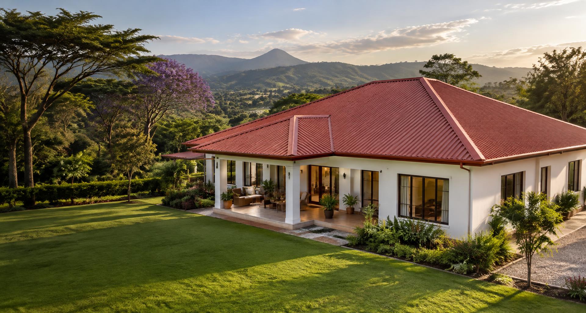 Illustrative Kenyan home with a terracotta metal roof and green gardens